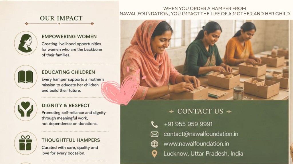 Nawal Foundation Hamperology impact — women packing Diwali hampers, empowering mothers and educating children