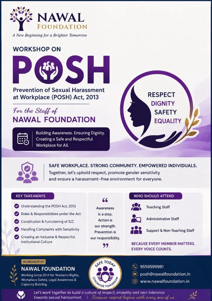 POSH training session for employees in Lucknow — Prevention of Sexual Harassment at Workplace (POSH) Act, 2013 workshop by Nawal Foundation